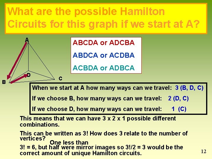 What are the possible Hamilton Circuits for this graph if we start at A? What are the possible Hamilton Circuits for this graph if we start at A?