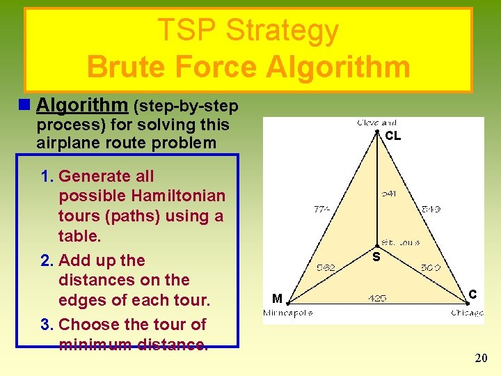 TSP Strategy Brute Force Algorithm n Algorithm (step-by-step process) for solving this airplane route TSP Strategy Brute Force Algorithm n Algorithm (step-by-step process) for solving this airplane route