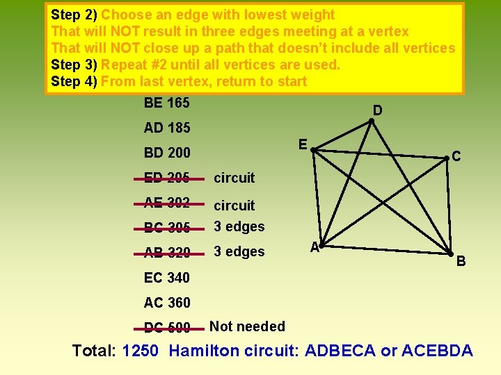 Step 2) Choose an edge with lowest weight That will NOT result in three Step 2) Choose an edge with lowest weight That will NOT result in three