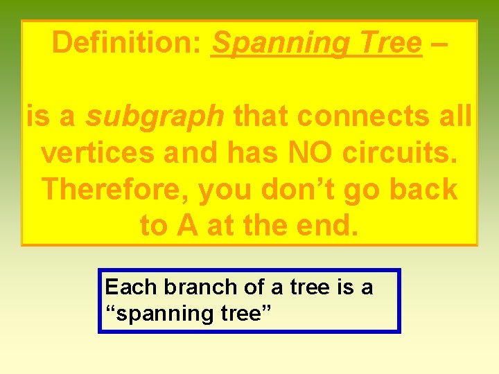 Definition: Spanning Tree – is a subgraph that connects all vertices and has NO Definition: Spanning Tree – is a subgraph that connects all vertices and has NO