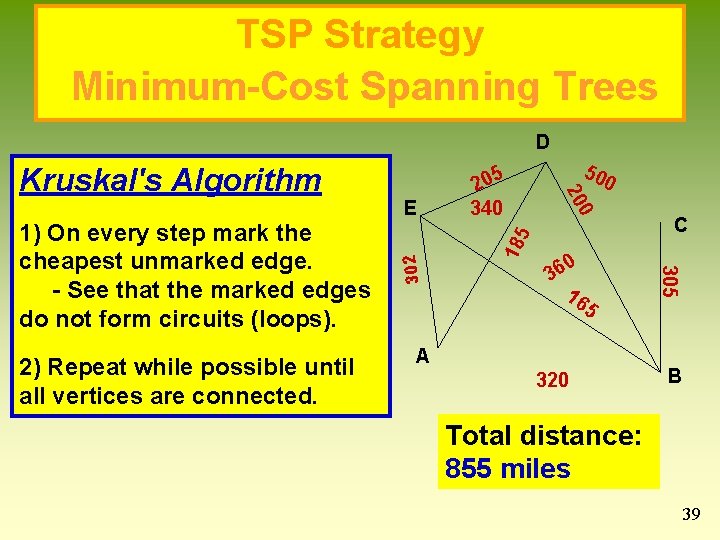 TSP Strategy Minimum-Cost Spanning Trees D 2) Repeat while possible until all vertices are TSP Strategy Minimum-Cost Spanning Trees D 2) Repeat while possible until all vertices are
