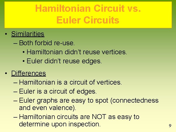 Hamiltonian Circuit vs. Euler Circuits • Similarities – Both forbid re-use. • Hamiltonian didn’t Hamiltonian Circuit vs. Euler Circuits • Similarities – Both forbid re-use. • Hamiltonian didn’t