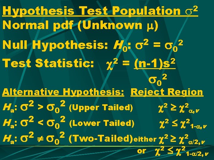 Hypothesis Test Population 2 Normal pdf (Unknown ) Null Hypothesis: H 0: Test Statistic: