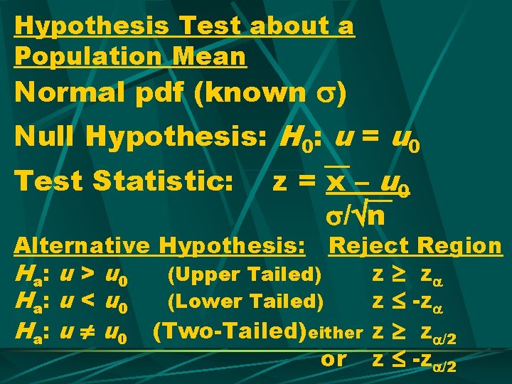 Hypothesis Test about a Population Mean Normal pdf (known ) Null Hypothesis: H 0: