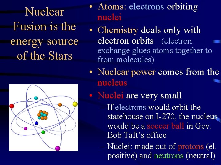 Nuclear Fusion is the energy source of the Stars • Atoms: electrons orbiting nuclei