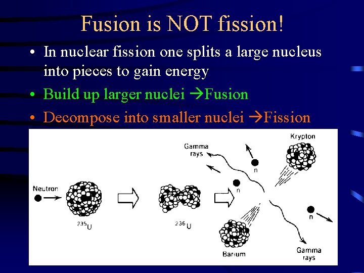 Fusion is NOT fission! • In nuclear fission one splits a large nucleus into