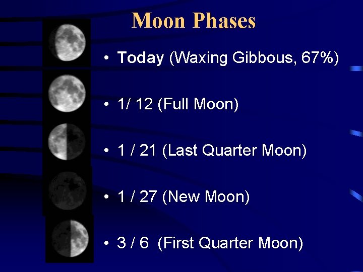 Moon Phases • Today (Waxing Gibbous, 67%) • 1/ 12 (Full Moon) • 1