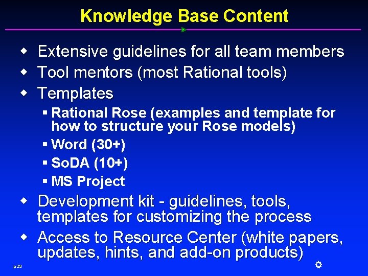Knowledge Base Content w w w Extensive guidelines for all team members Tool mentors