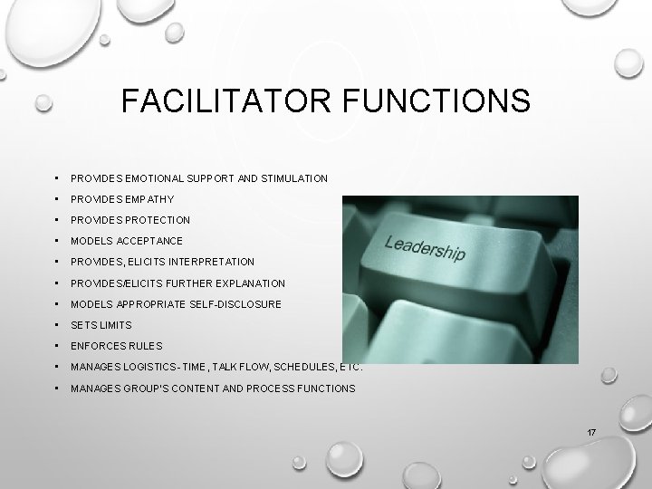 FACILITATOR FUNCTIONS • PROVIDES EMOTIONAL SUPPORT AND STIMULATION • PROVIDES EMPATHY • PROVIDES PROTECTION