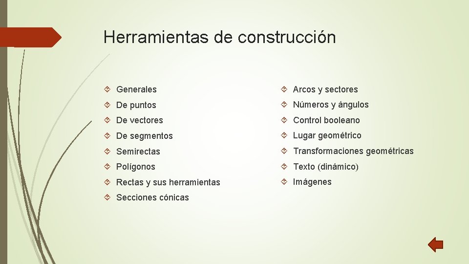 Herramientas de construcción Generales Arcos y sectores De puntos Números y ángulos De vectores