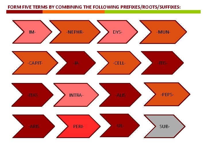 FORM FIVE TERMS BY COMBINING THE FOLLOWING PREFIXES/ROOTS/SUFFIXES: IM- DYS- -MUN- -IA -CELL- -ITIS-