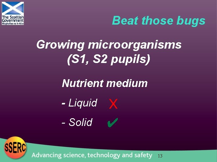 Beat those bugs Growing microorganisms (S 1, S 2 pupils) Nutrient medium - Liquid