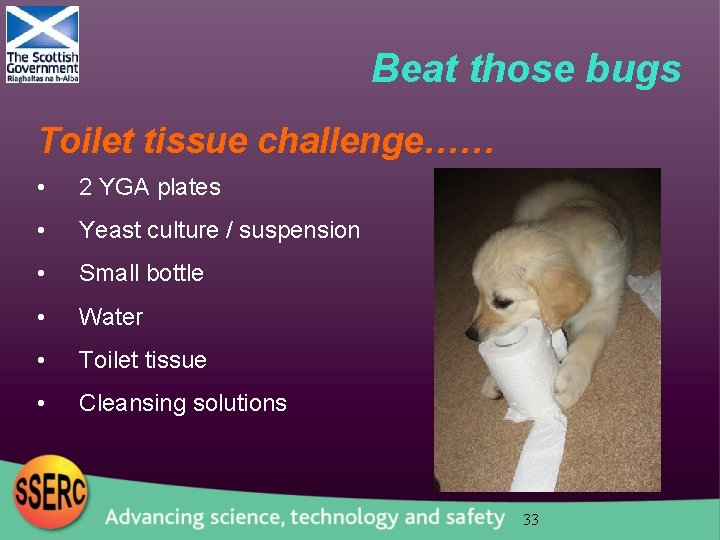 Beat those bugs Toilet tissue challenge…… • 2 YGA plates • Yeast culture /