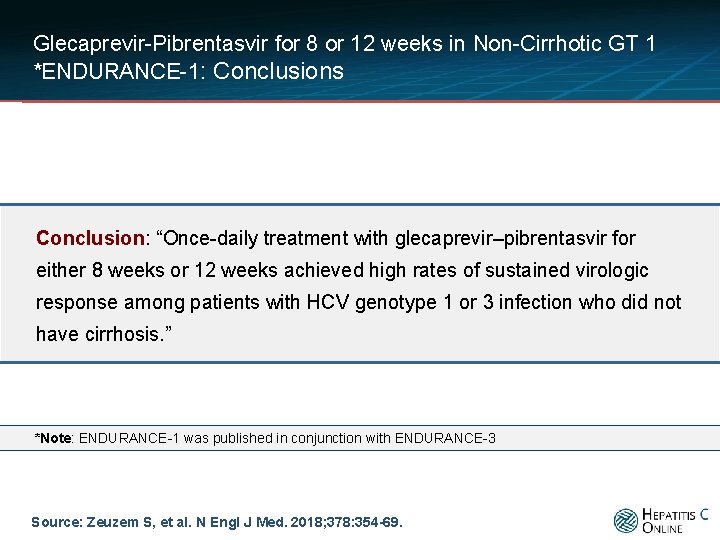 Glecaprevir-Pibrentasvir for 8 or 12 weeks in Non-Cirrhotic GT 1 *ENDURANCE-1: Conclusions Conclusion: “Once-daily
