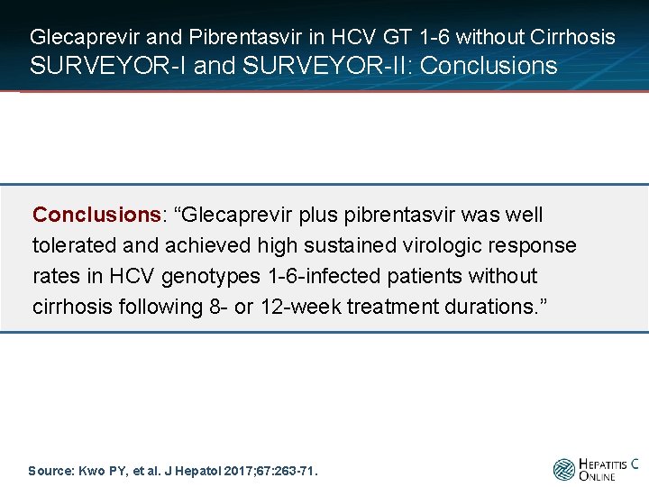 Glecaprevir and Pibrentasvir in HCV GT 1 -6 without Cirrhosis SURVEYOR-I and SURVEYOR-II: Conclusions: