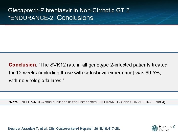 Glecaprevir-Pibrentasvir in Non-Cirrhotic GT 2 *ENDURANCE-2: Conclusions Conclusion: “The SVR 12 rate in all