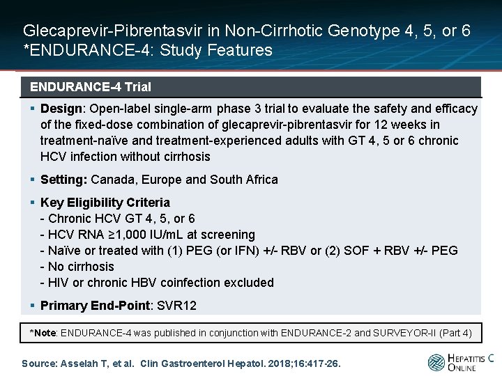 Glecaprevir-Pibrentasvir in Non-Cirrhotic Genotype 4, 5, or 6 *ENDURANCE-4: Study Features ENDURANCE-4 Trial §