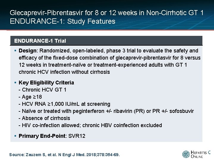 Glecaprevir-Pibrentasvir for 8 or 12 weeks in Non-Cirrhotic GT 1 ENDURANCE-1: Study Features ENDURANCE-1