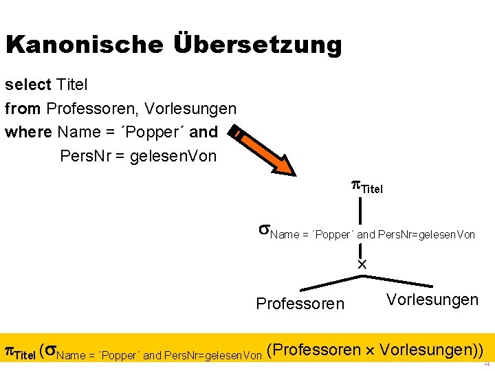 Kanonische Übersetzung select Titel from Professoren, Vorlesungen where Name = ´Popper´ and Pers. Nr