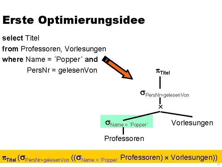 Erste Optimierungsidee select Titel from Professoren, Vorlesungen where Name = ´Popper´ and Pers. Nr