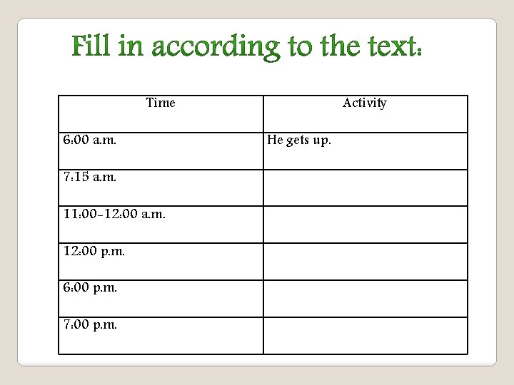 Time 6: 00 a. m. 7: 15 a. m. 11: 00 -12: 00 a.