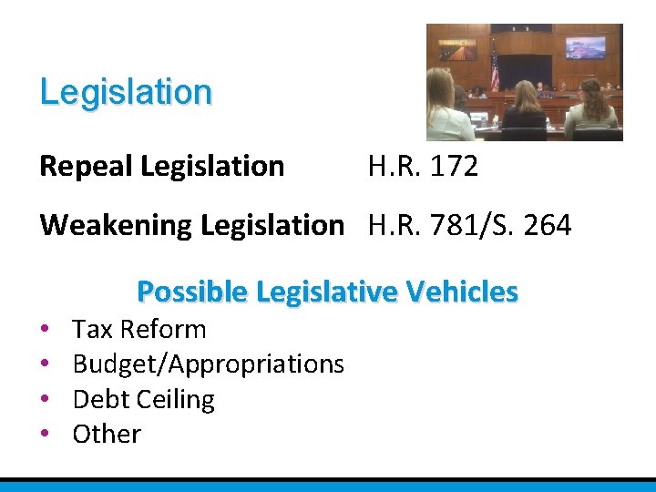 Legislation Repeal Legislation H. R. 172 Weakening Legislation H. R. 781/S. 264 • •