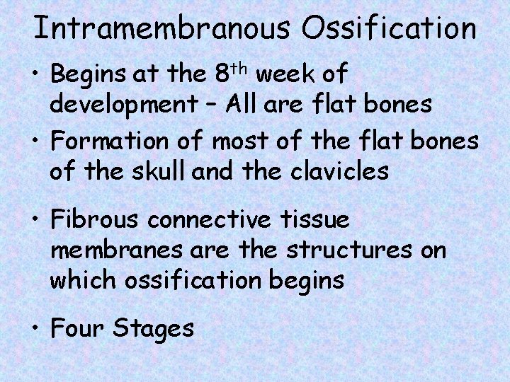 Intramembranous Ossification • Begins at the 8 th week of development – All are