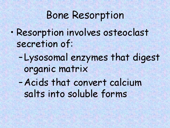 Bone Resorption • Resorption involves osteoclast secretion of: – Lysosomal enzymes that digest organic