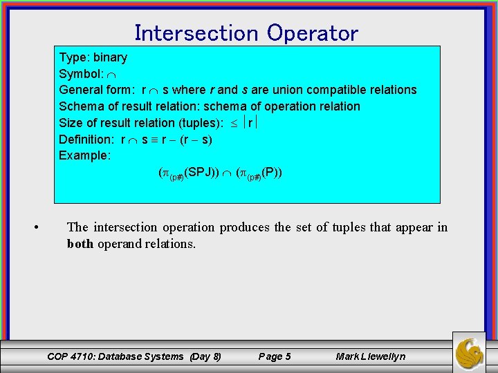 Intersection Operator Type: binary Symbol: General form: r s where r and s are