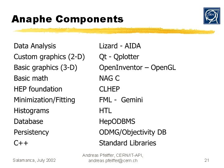 Anaphe Components Salamanca, July 2002 Andreas Pfeiffer, CERN/IT-API, andreas. pfeiffer@cern. ch 21 