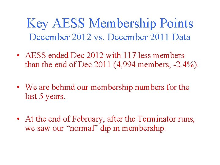 Key AESS Membership Points December 2012 vs. December 2011 Data • AESS ended Dec