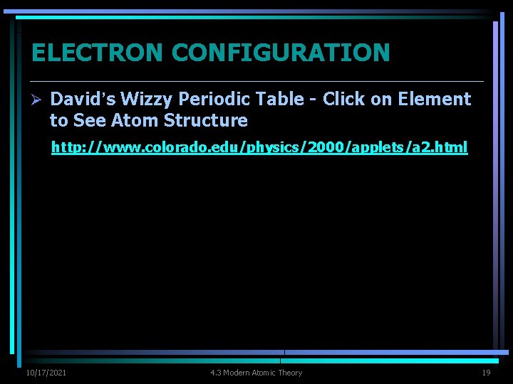 ELECTRON CONFIGURATION Ø David’s Wizzy Periodic Table - Click on Element to See Atom