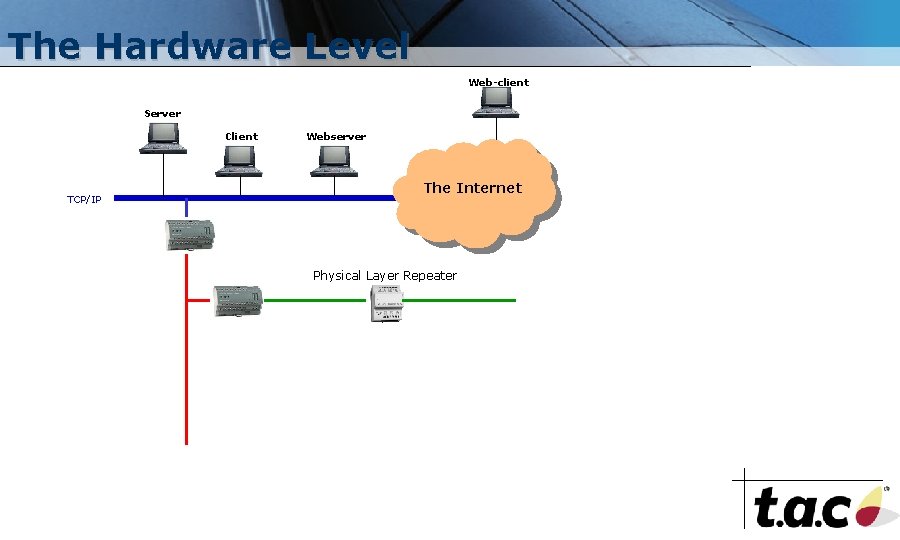 The Hardware Level Web-client Server Client TCP/IP Webserver The Internet Physical Layer Repeater 