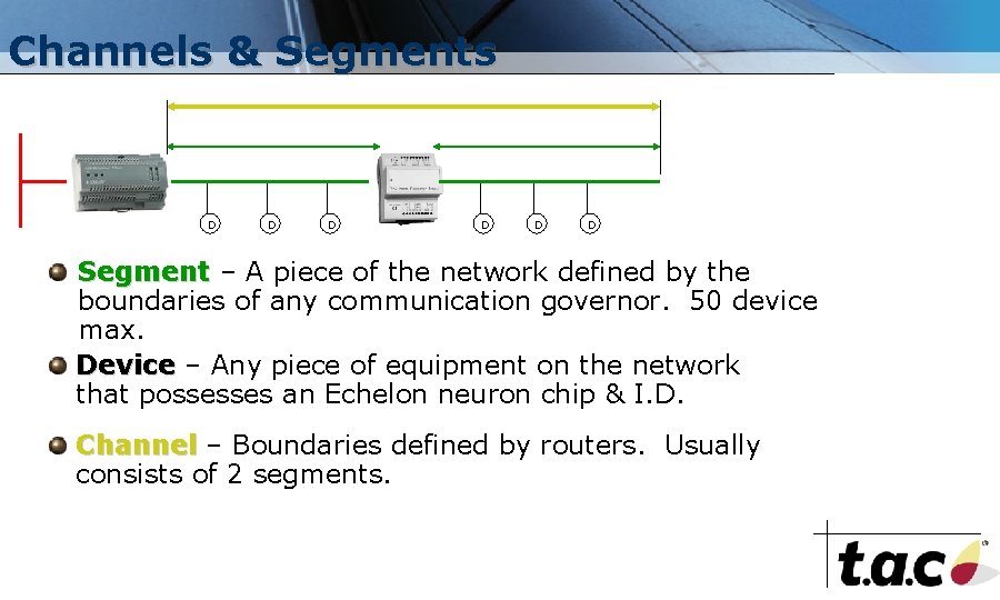Channels & Segments D D D Segment – A piece of the network defined