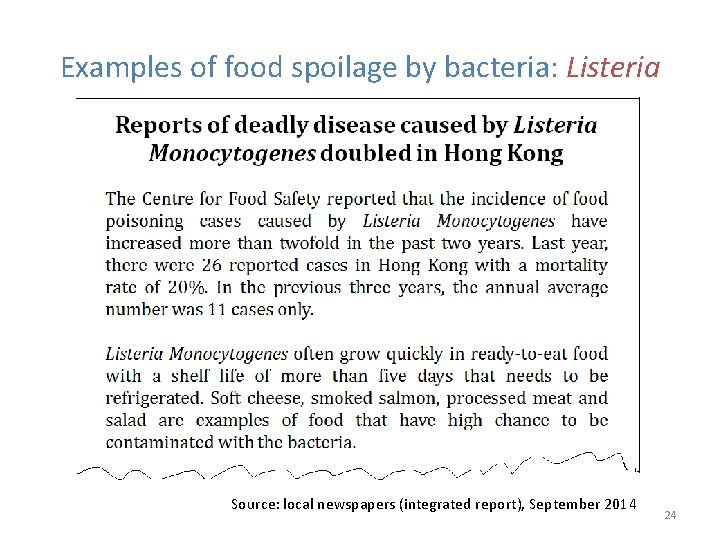 Examples of food spoilage by bacteria: Listeria Source: local newspapers (integrated report), September 2014