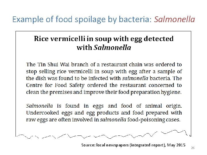 Example of food spoilage by bacteria: Salmonella Source: local newspapers (integrated report), May 2015