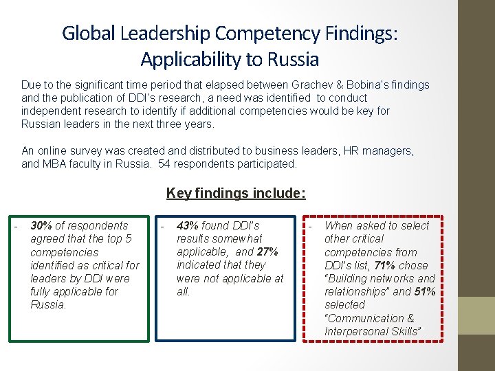 Global Leadership Competency Findings: Applicability to Russia Due to the significant time period that