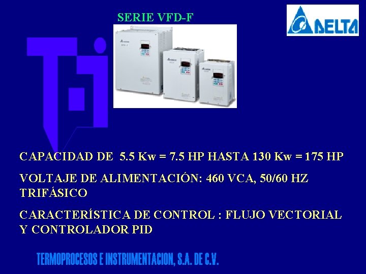 SERIE VFD-F CAPACIDAD DE 5. 5 Kw = 7. 5 HP HASTA 130 Kw