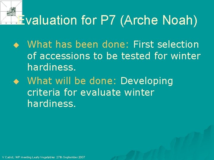 Evaluation for P 7 (Arche Noah) u u What has been done: First selection