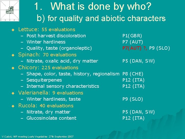 1. What is done by who? b) for quality and abiotic characters u u