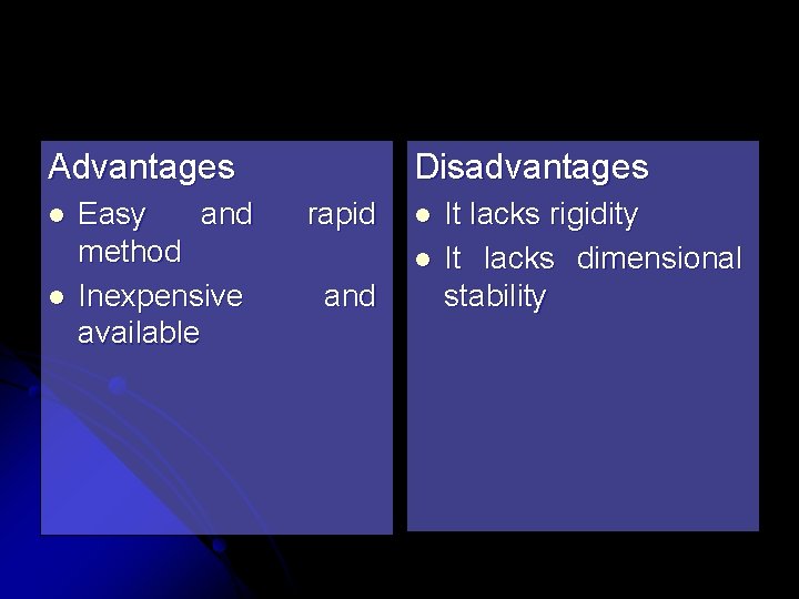 Advantages l l Easy and method Inexpensive available Disadvantages rapid l l and It