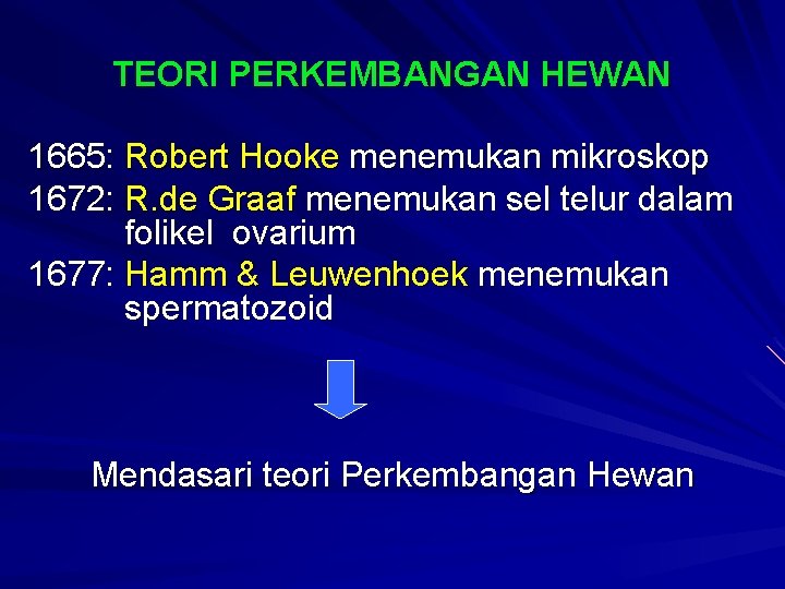 TEORI PERKEMBANGAN HEWAN 1665: Robert Hooke menemukan mikroskop 1672: R. de Graaf menemukan sel