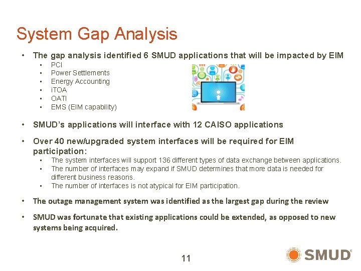 System Gap Analysis • The gap analysis identified 6 SMUD applications that will be