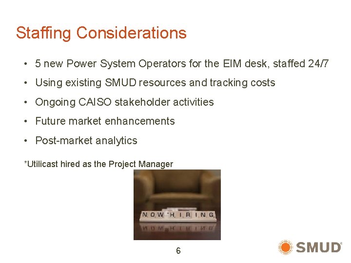 Staffing Considerations • 5 new Power System Operators for the EIM desk, staffed 24/7