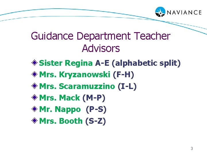 Guidance Department Teacher Advisors Sister Regina A-E (alphabetic split) Mrs. Kryzanowski (F-H) Mrs. Scaramuzzino