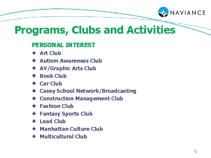 Programs, Clubs and Activities PERSONAL INTEREST Art Club Autism Awareness Club AV/Graphic Arts Club