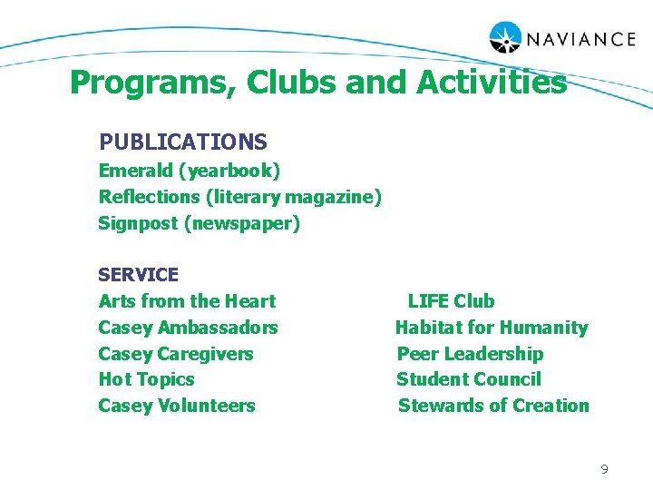 Programs, Clubs and Activities PUBLICATIONS Emerald (yearbook) Reflections (literary magazine) Signpost (newspaper) SERVICE Arts