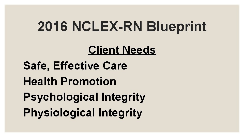 2016 NCLEX-RN Blueprint Client Needs Safe, Effective Care Health Promotion Psychological Integrity Physiological Integrity