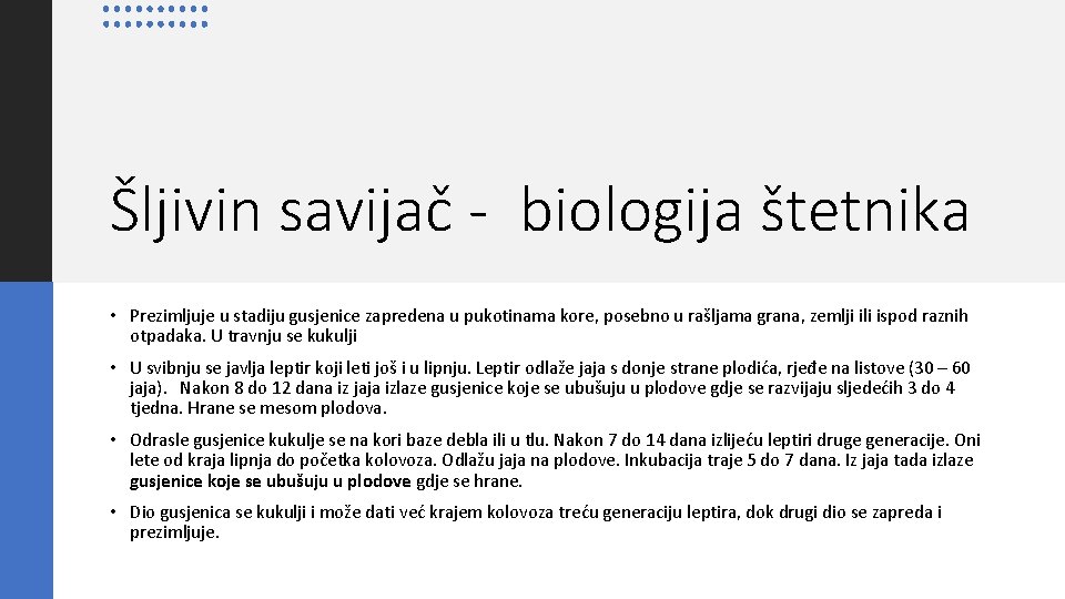 Šljivin savijač - biologija štetnika • Prezimljuje u stadiju gusjenice zapredena u pukotinama kore,