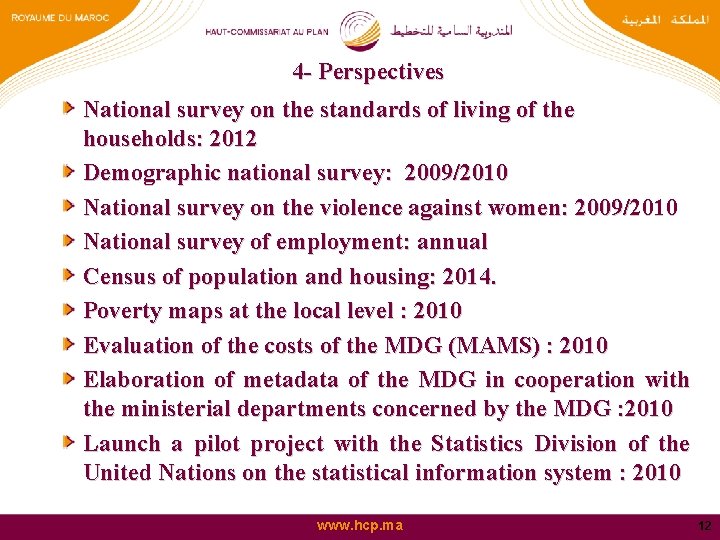 4 - Perspectives National survey on the standards of living of the households: 2012